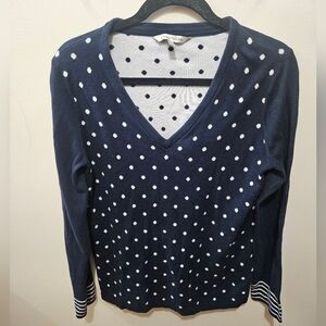 41 Hawthorn Navy White Polka Dot Vneck Soft Stretch Office Fall Sweater Large